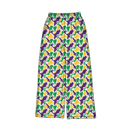 Pre-order(moq5) Girls’ Green Camouflage Wide-Leg Pants, Elastic-Waist Casual Straight-Leg Long Trousers