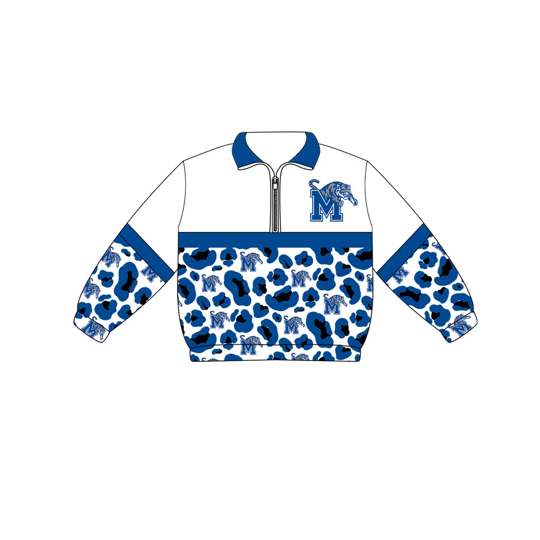 Preorder (moq 5)Baby Boys Long Sleeve Blue Leopard M Tigers Team Zip Pullovers Tops