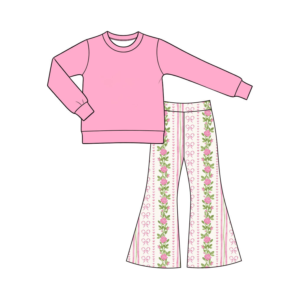 Preorder (moq 5) Baby Girl Clothes Rose Bow Vertical Stripe Print Long Sleeve Flare Pant Set