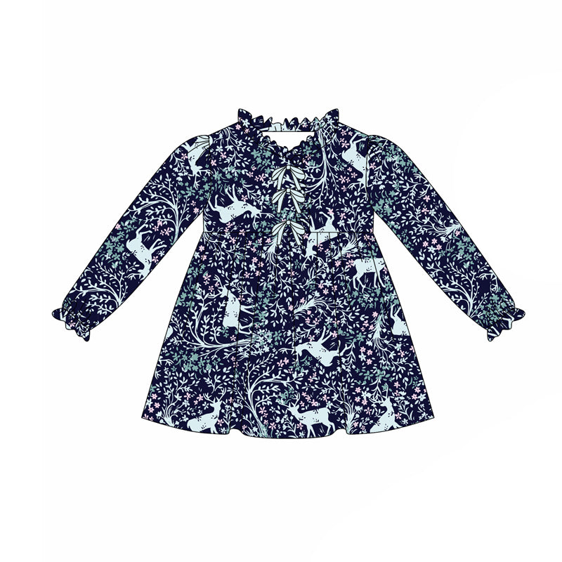 Preorder(moq 5) Baby Girls Blue Floral Deer Button Knee Length Dresses