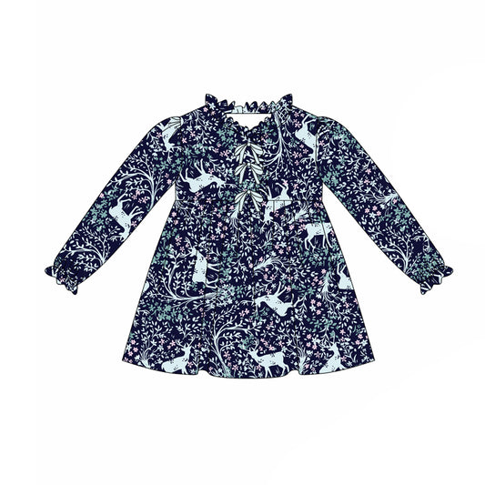 Preorder(moq 5) Baby Girls Blue Floral Deer Button Knee Length Dresses