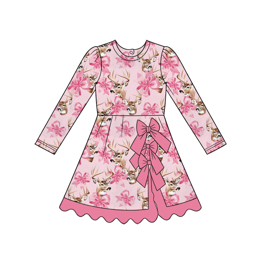 Preorder (moq 5) Baby Girl Clothes Deer Head Pink Bow Mixed Print Long Sleeve Dress