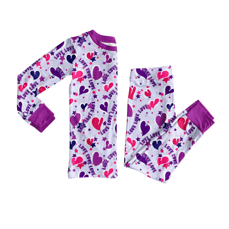 Preorder(moq 5) Baby Girls Purple Hearts Loves Top Pants Valentine Pajamas Sets