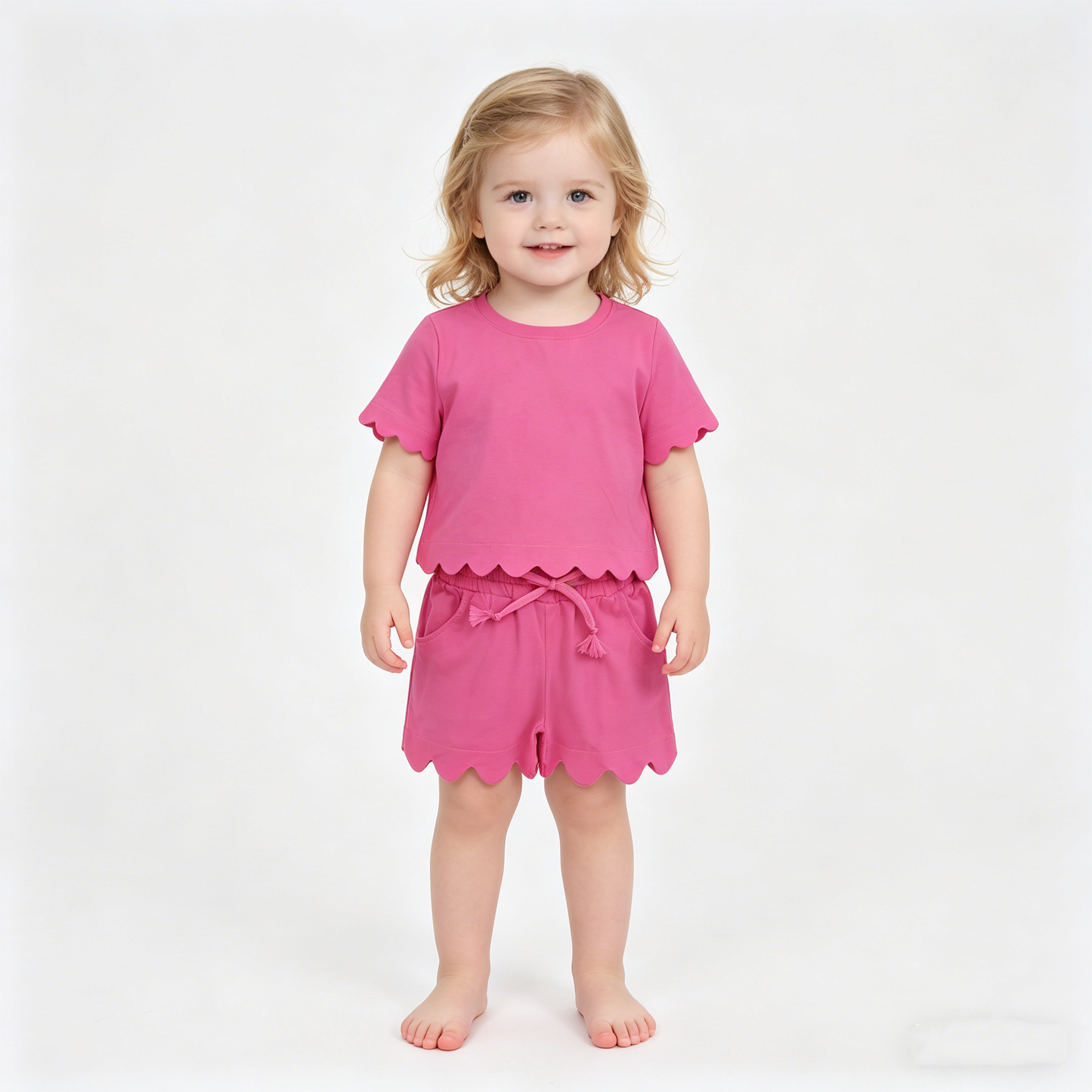 Mama and Me Girls Hot Pink Top Pockets Short Scallop Cotton Clothes Sets