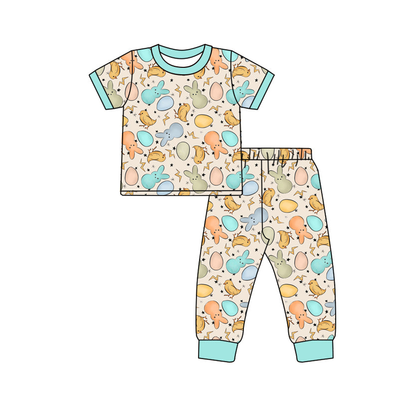 Preorder (moq 5)Baby Boys Colorful Rabbits Eggs Top Pants Easter Pajamas Sets