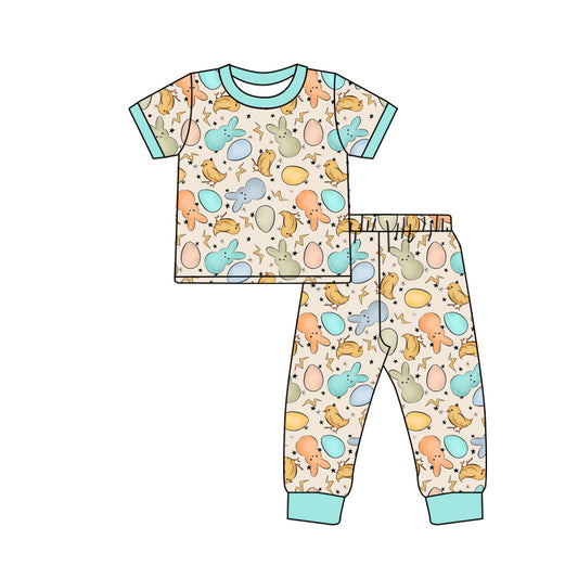 Preorder (moq 5)Baby Boys Colorful Rabbits Eggs Top Pants Easter Pajamas Sets