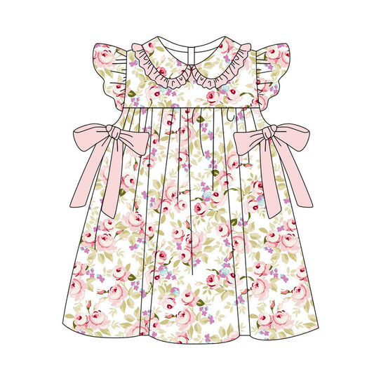Preorder(moq 5) Baby Girls Flutter Sleeve Pink Flowers Bows Knee Length Dresses