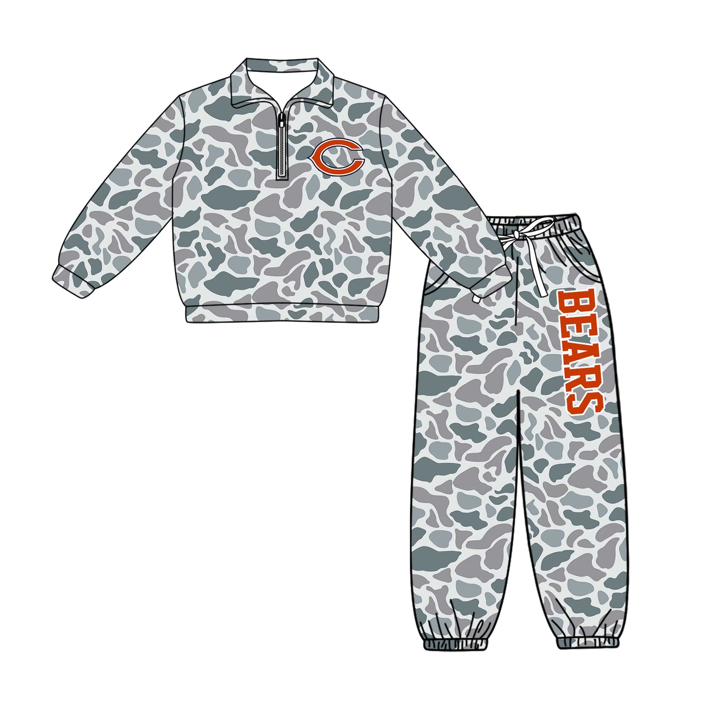 Preorder(moq 5)Baby Boys Grey Camo Bears Zip Pullover Pockets Joggers Team Clothes Sets