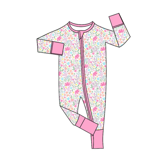 Preorder (moq 20)Baby Girls Bamboo Pink Floral Plaid Zipper Footie Rompers