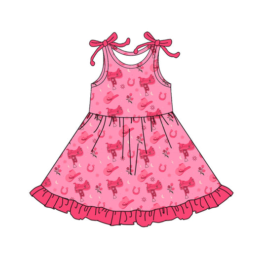 Preorder (moq 5)Baby Girls Bows Sleeveless Pink Hats Flowers Western Ruffle Knee Length Dresses