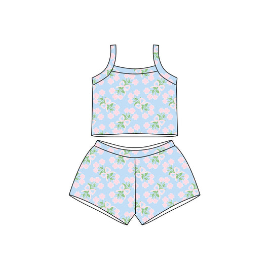 Preorder moq 5 Baby Girls Blue Strap Flowers Bows Top Short Clothes Sets