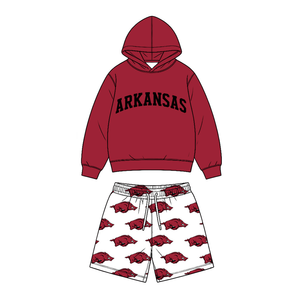 Preorder (moq 5) Baby Boy Clothes Arkansas Letter & Razorback Logo Print Long Sleeve Hoodie & Elastic Waist Short Set