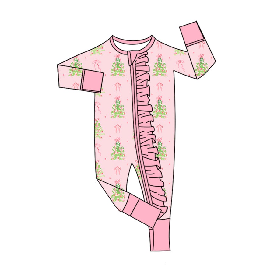 Preorder (moq 5) Baby Girls Bows Trees Christmas Two Way Ruffle Zip Convertible Rompers