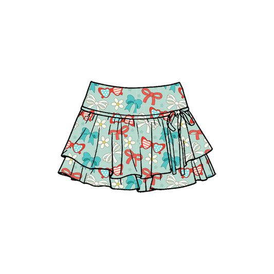 Preorder (moq 5)Baby Girls Bows Flowers 4th of July Double Ruffle Skirt Shorts Bottom