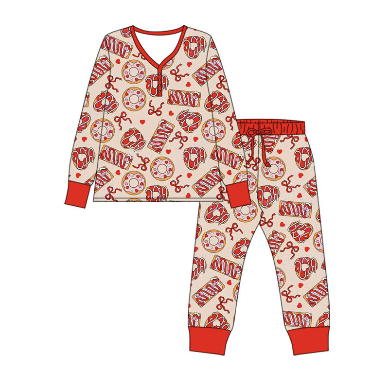 Preorder(moq 5) Adult Women Red Bows Donuts Top Pants Valentine Pajamas Sets