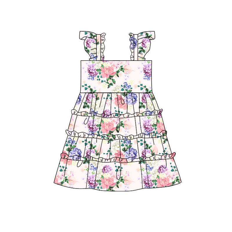 Preorder (moq 5)Baby Girls Flutter Sleeve Colorful Flowers Patchwork Knee Length Dresses