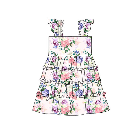 Preorder (moq 5)Baby Girls Flutter Sleeve Colorful Flowers Patchwork Knee Length Dresses