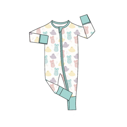 Preorder (moq 5)Baby Girls Colorful Rabbits Chicks Easter Two Way Zip Convertible Rompers