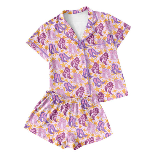 Preorder moq 5 Adult Women Pink Stars Boots Button Pockets Top Shorts Western Pajamas Sets