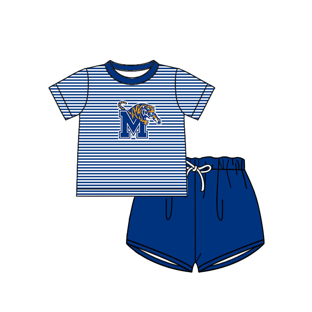 Preorder (moq 5)Baby Boys Blue Stripe M Tigers Top Shorts Team Clothes Sets