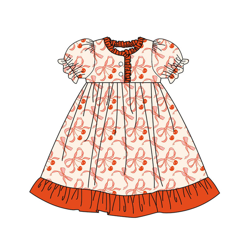 Preorder(moq 8)Baby Girls Red Bows Cherry Button Ruffle Knee Length Dresses