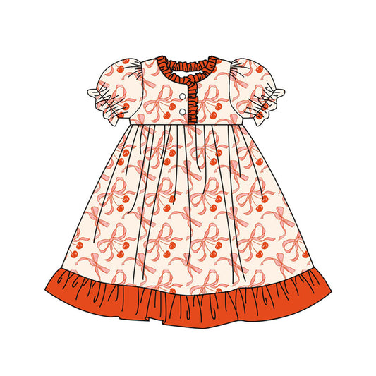 Preorder(moq 8)Baby Girls Red Bows Cherry Button Ruffle Knee Length Dresses