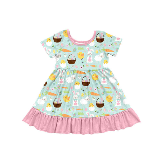 Preorder(moq 8)Baby Girls Rabbits Eggs Carrots Easter Ruffle Knee Length Dresses