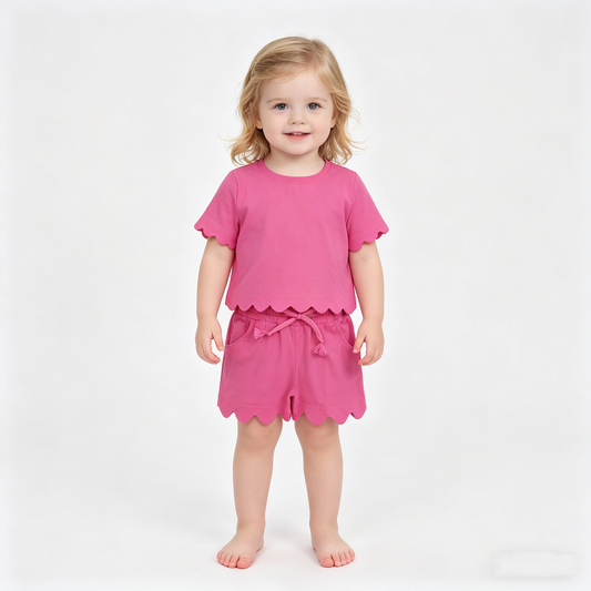 Baby Girls Hot Pink Short Sleeve Top Pockets Shorts Cotton Scallop Clothes Sets