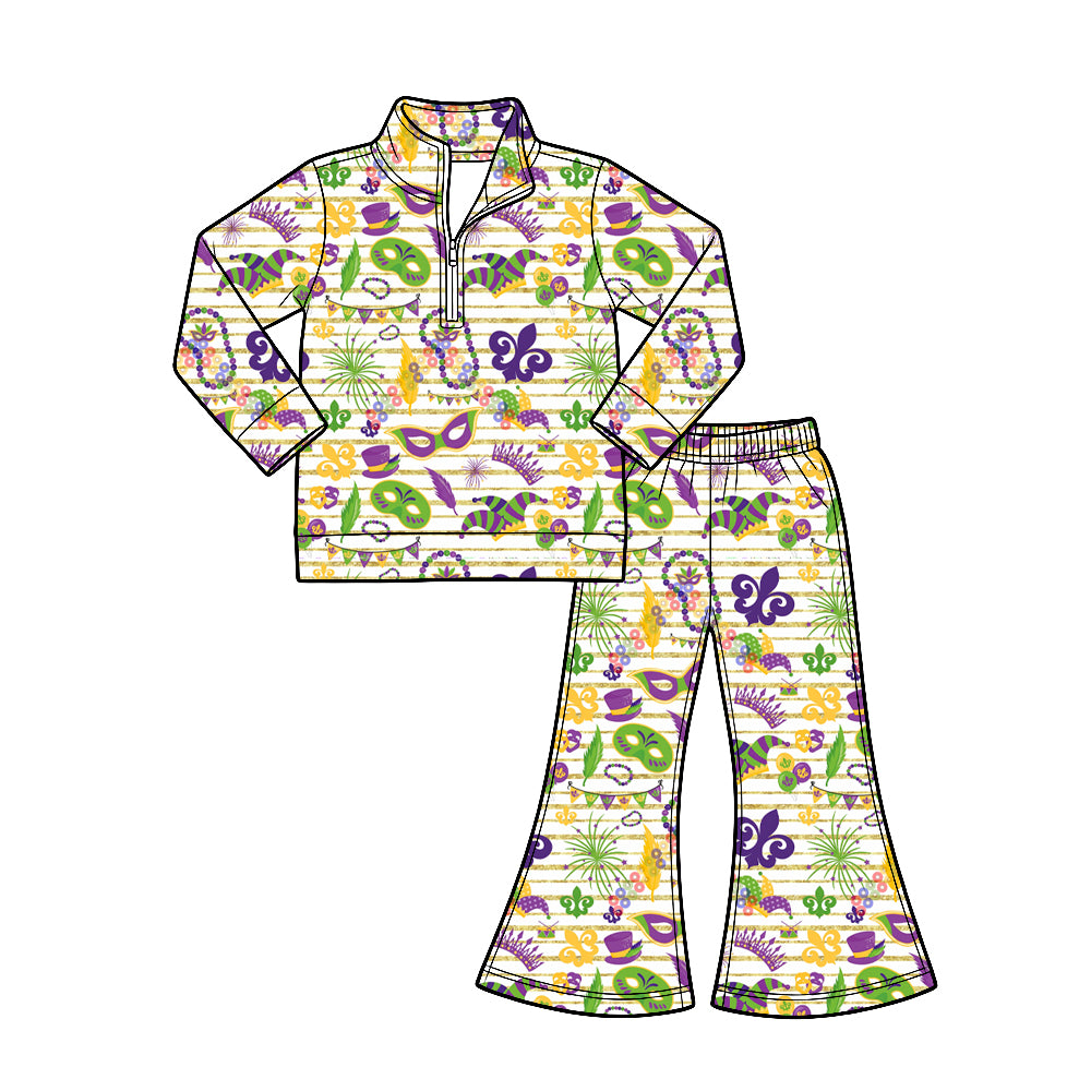 Preorder (moq 5)  Baby Girl Clothes Mardi Gras Stripe Icon Print Long‑sleeve Quarter Zip Top Flare Pants Set