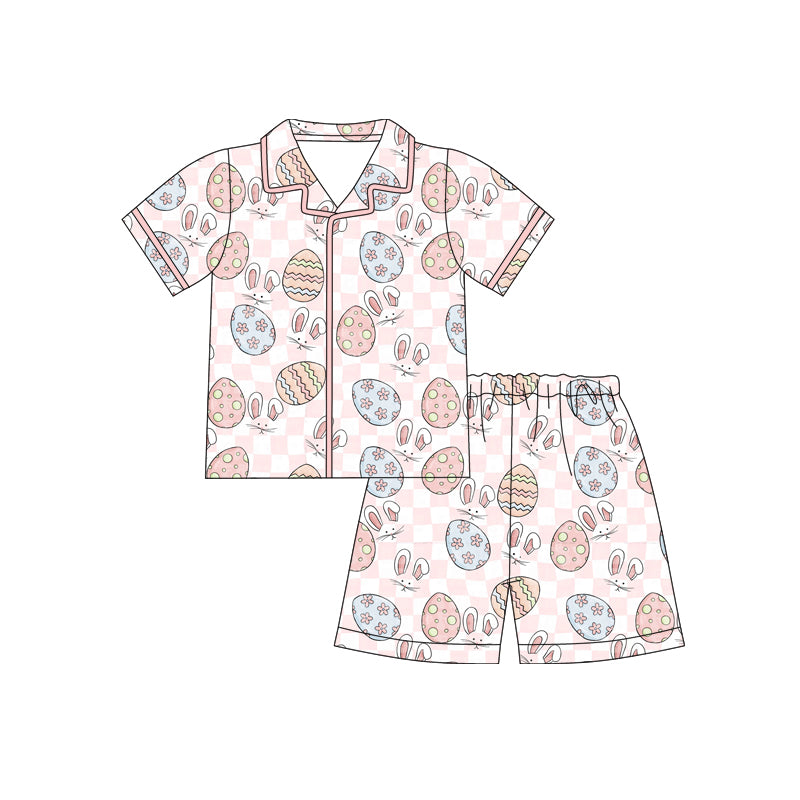 Preorder (moq 5)Baby Girls Pink Checked Rabbits Eggs Button Top Shorts Easter Pajamas Sets