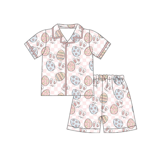 Preorder (moq 5)Baby Girls Pink Checked Rabbits Eggs Button Top Shorts Easter Pajamas Sets