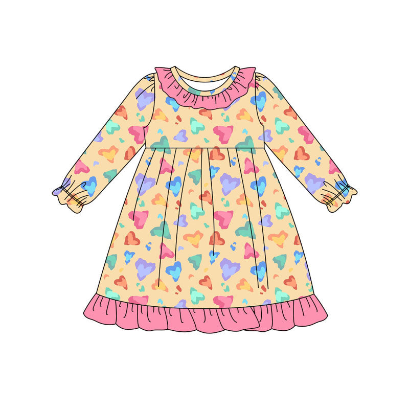 Preorder (moq 5)Baby Girls Colorful Hearts Ruffle Knee Length Dresses