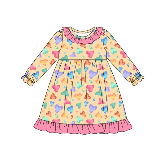 Preorder (moq 5)Baby Girls Colorful Hearts Ruffle Knee Length Dresses