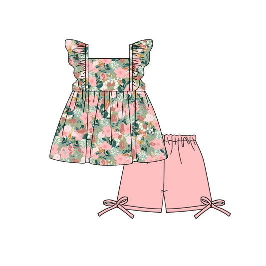 Preorder (moq 5)Baby Girls Flutter Sleeve Pink Flowers Tunic Short Clothes Sets