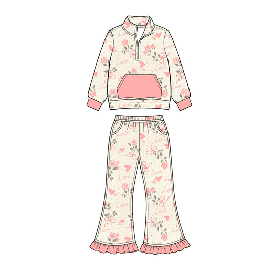 Preorder (moq 5) Baby Girl Clothes Rose Heart Love Script Allover Print Long Sleeve Half Zip Top Ruffle Flare Pant Set