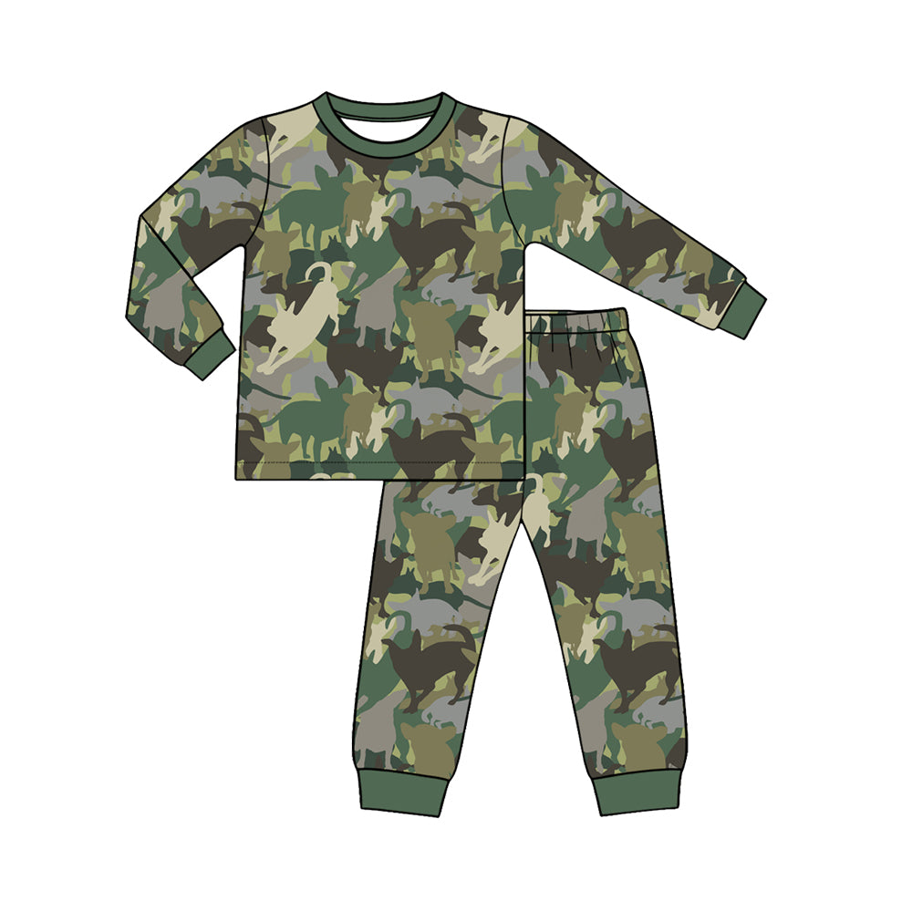 Preorder (moq 5) Baby Boy Clothes Camo Hunting Dog Silhouette Print Long Sleeve Tee Pant Set