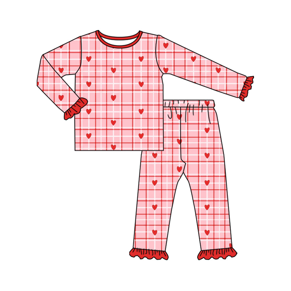Preorder (moq 5) Baby Girl Clothes Valentine Red Heart Pink Plaid Print Long Sleeve Ruffle Cuff Pant Pajama Set