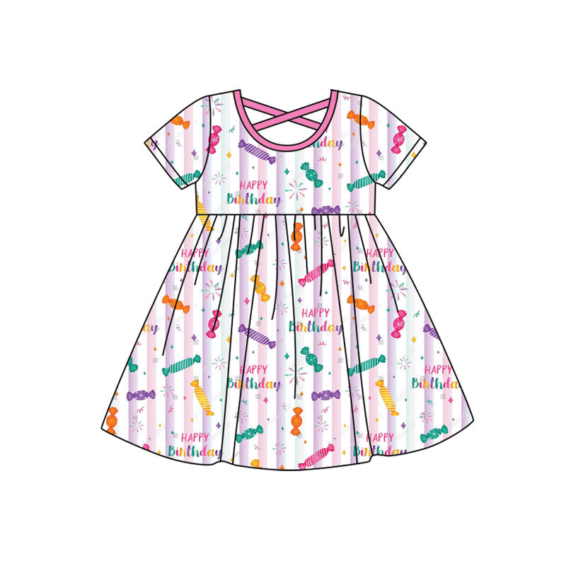 Preorder(moq 8)Baby Girls Pink Stripe Happy Birthday Short Sleeve Knee Length Dresses