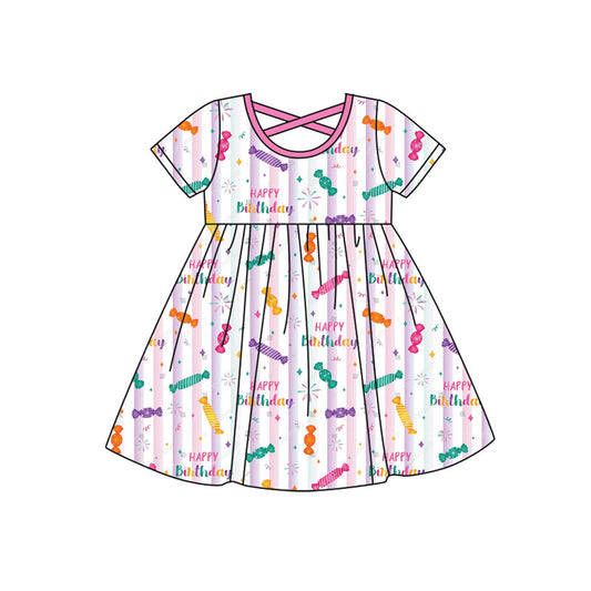 Preorder(moq 8)Baby Girls Pink Stripe Happy Birthday Short Sleeve Knee Length Dresses