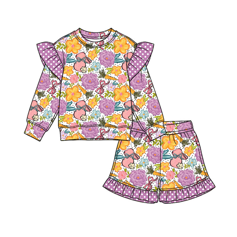 Preorder (moq 5) Baby Girl Clothes Easter Floral Bunny Mixed Print Long Sleeve Ruffle Shoulder Ruffle Short Set