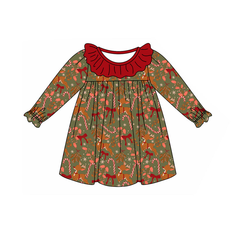 Preorder (moq 5)Baby Girls Red Long Ruffle Sleeves Bows Deer Candy Cane Knee Length Dresses