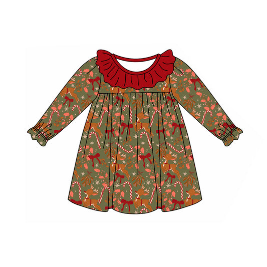 Preorder (moq 5)Baby Girls Red Long Ruffle Sleeves Bows Deer Candy Cane Knee Length Dresses