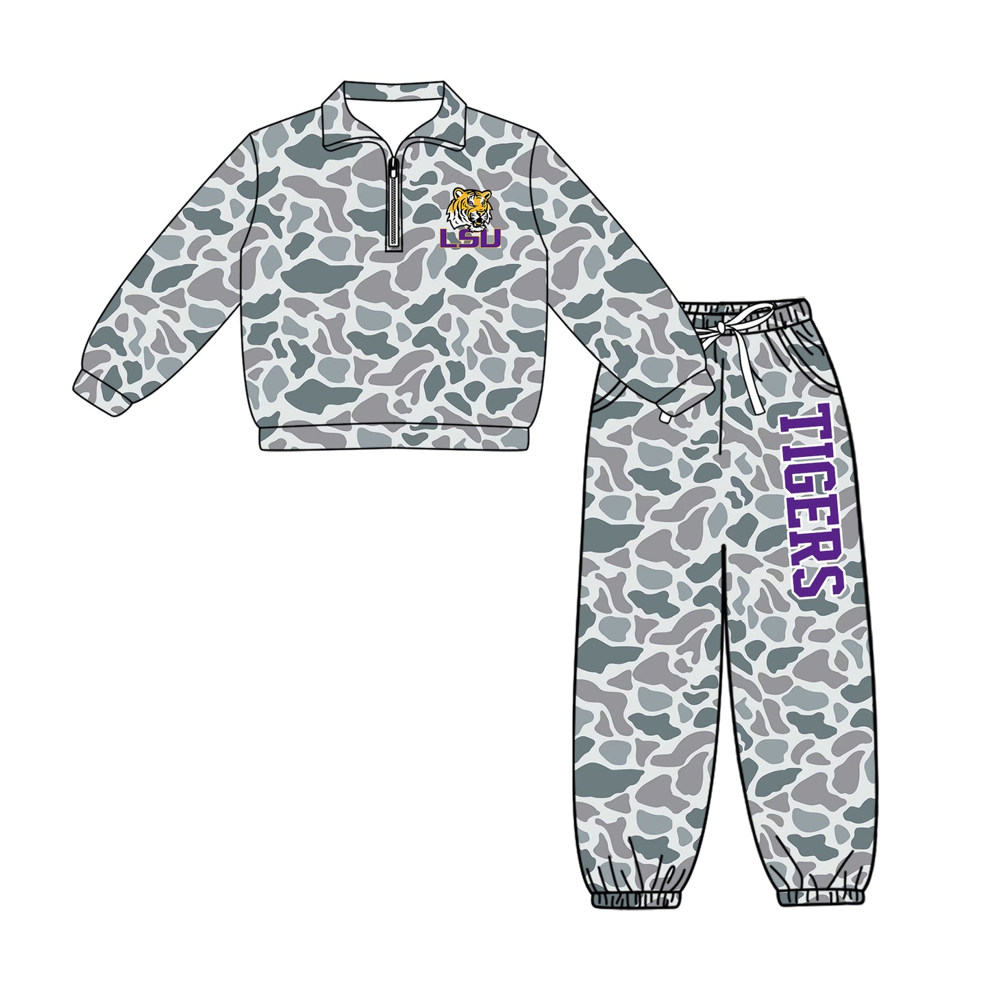 Preorder(moq 5)Baby Boys Tigers LSU Zip Pullover Pockets Pants Team Clothes Sets