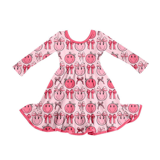 Preorder(moq 8)Baby Girls Long Sleeve Pink Bows Smiles Ruffle Knee Length Dresses