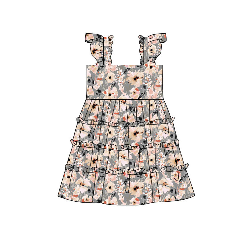 Preorder (moq 5)Baby Girls Flutter Sleeve Colorful Flowers Patchwork Knee Length Dresses