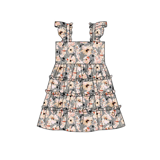 Preorder (moq 5)Baby Girls Flutter Sleeve Colorful Flowers Patchwork Knee Length Dresses