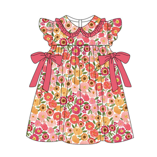 Preorder(moq 5) Baby Girls Flutter Sleeve Red Sunflowers Bows Knee Length Dresses