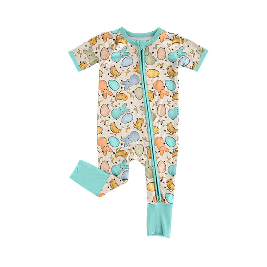 Preorder (moq 5)Baby Boys Colorful Rabbits Eggs Easter Two Way Zip Convertible Rompers