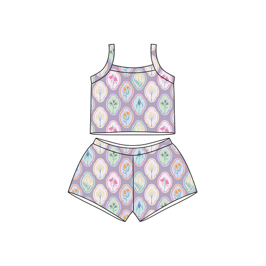Preorder moq 5 Baby Girls Lavender Strap Colorful Flowers Top Short Clothes Sets