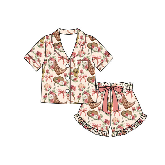 Preorder (moq 5)Baby Girls Flower Bow Boot Hats Pocket Button Top Ruffle Short Western Pajamas Sets